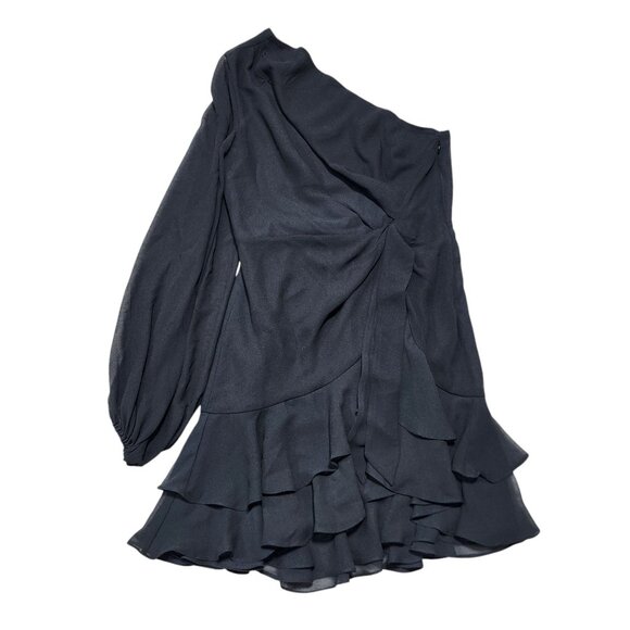 Michael Costello X‎ Revolve Black One-Shoulder Long Sleeve Ruffle Mini Dress M - Picture 1 of 9